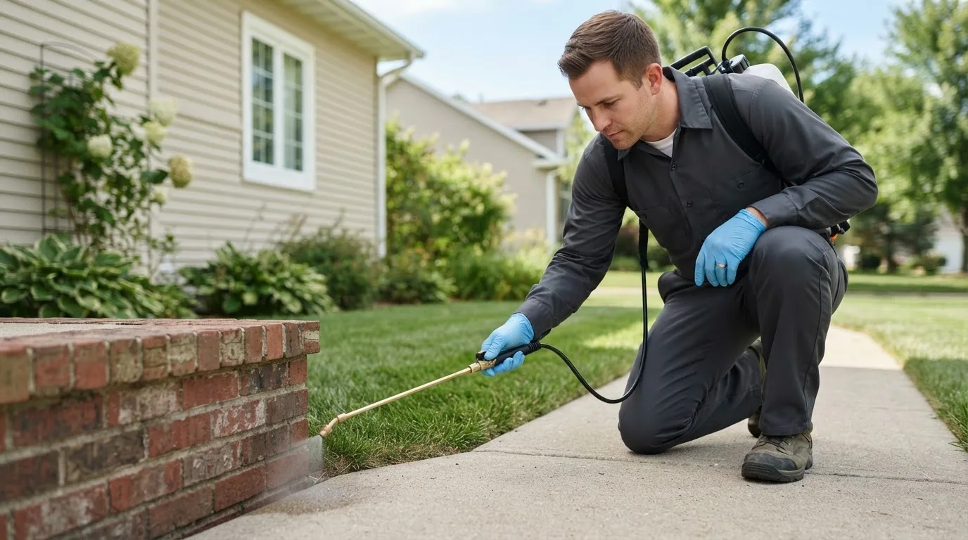 Pest control technician treating a home near Wells, VT